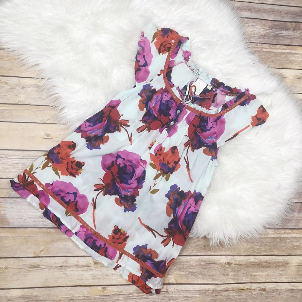 E by Eloise Rose Floral Ruffle Trim Blouse XS